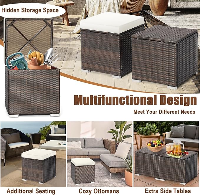 RELAX4LIFE Wicker Outdoor Storage Ottoman, 2-Piece Rattan Footstool w/Removable - Image 7