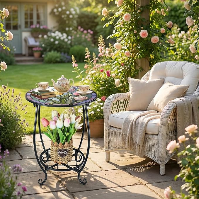 Outdoor Side Table Round Small Mosaic Patio Accent Indoor End Plant Coffee Tea - Image 2