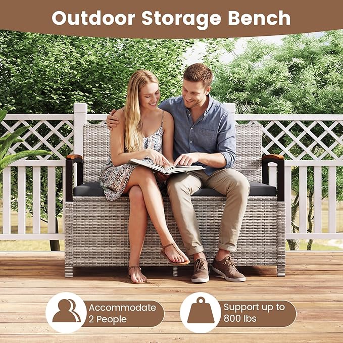 RELAX4LIFE Wicker Outdoor Storage Bench, Rattan Deck Box w/Protective Liner - Image 8