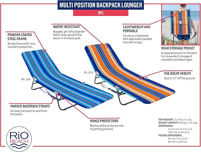 Rio Beach Portable Lay Flat Folding Backpack Beach Lounge Chair - Image 8