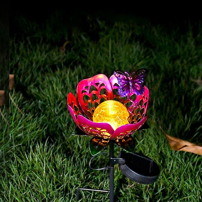 Solar Lights Outdoor Garden Decor, LED Lotus Flower Lamp, Metal Tulip & - Image 3