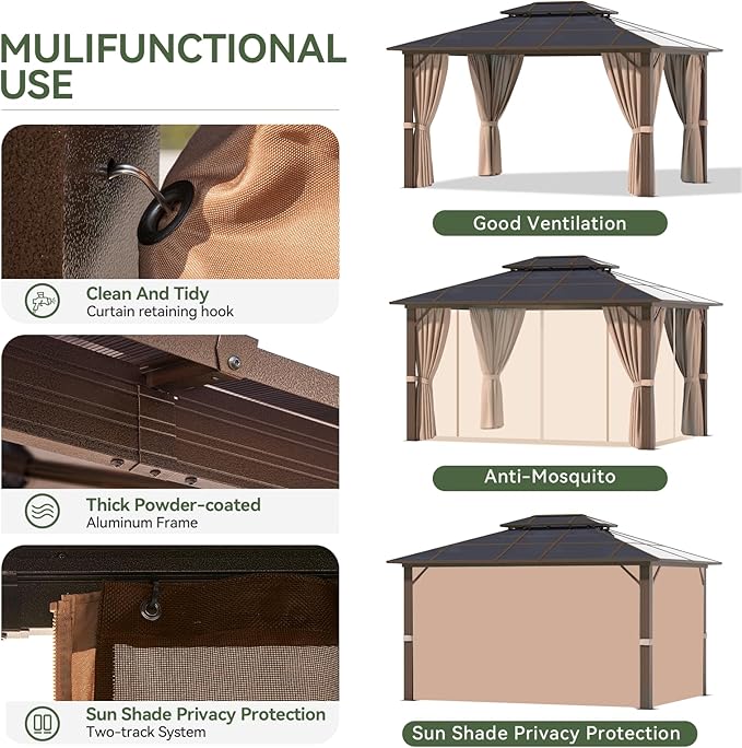 Aoxun 10'x12' Hardtop Gazebo, Aluminum Frame Permanent Pavilion - Image 7
