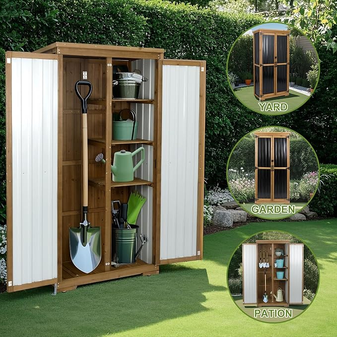 Outdoor Storage Cabinet with Shelf, Wood & Metal Storage Shed with Waterproof - Image 6