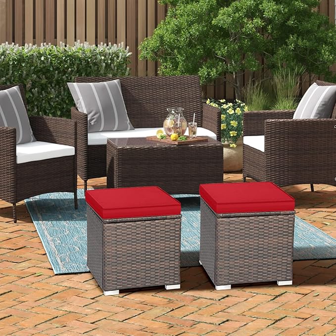 RELAX4LIFE Wicker Outdoor Storage Ottoman, 2-Piece Rattan Footstool w/Removable - Image 8