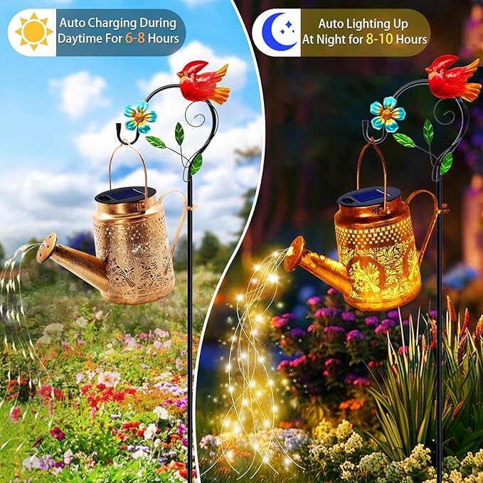 Solar Lights Outdoor Garden Decor, Cardinals Hanging Waterproof Watering Can - Image 6