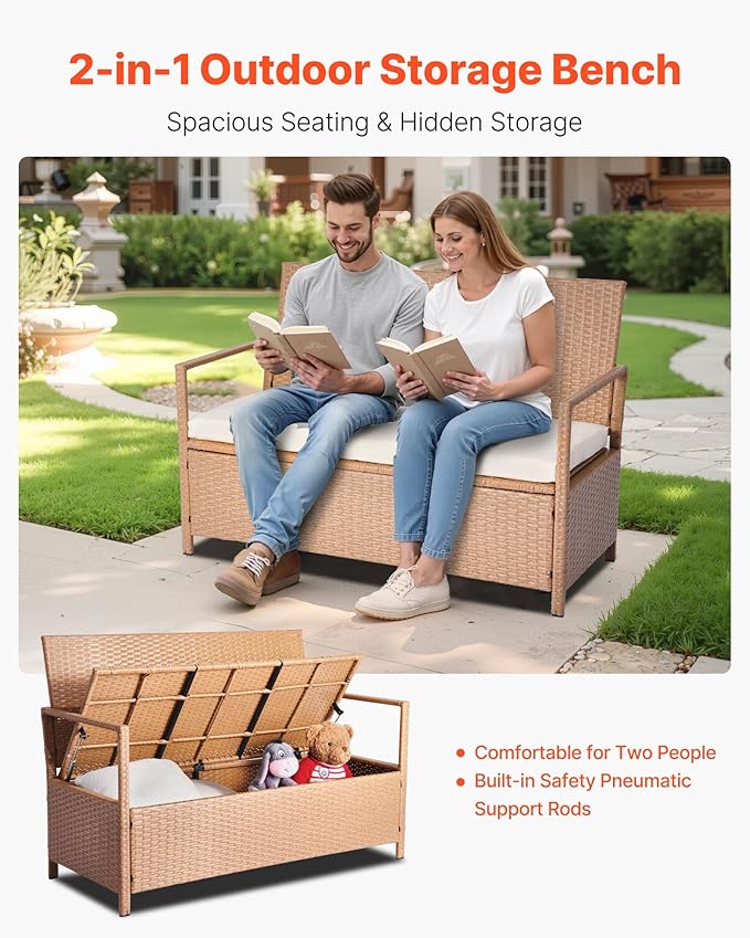 VEVOR Outdoor Storage Bench, 2-Person PE Rattan Storage Bench, 70 Gal Deck Box - Image 4
