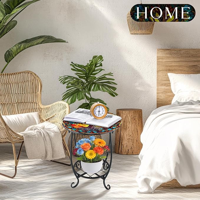 Outdoor Side Table Round Small Mosaic Patio Accent Indoor End Plant Coffee Tea - Image 7