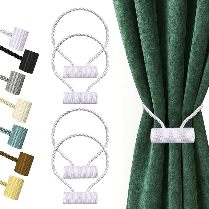 Hion Magnetic Curtain Tiebacks White 4 Pack, Curtain Tiebacks Buckles Holdbacks by Hion