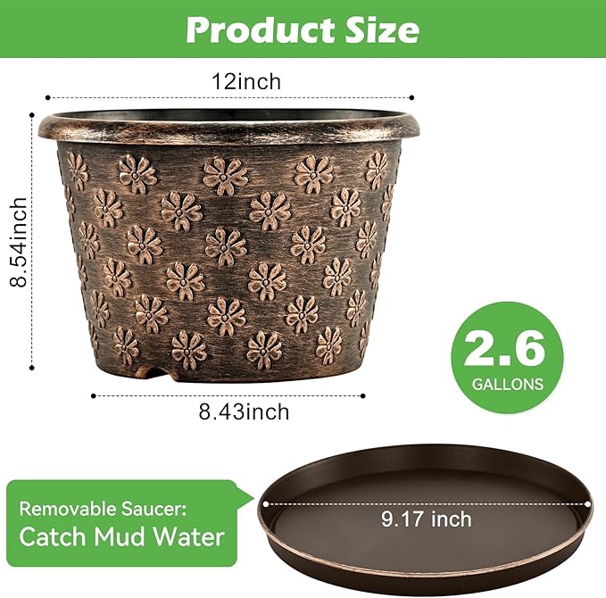 12 Inch Planter Pots for Plants, Plastic Large Flower Pots Indoor Outdoor - Image 3