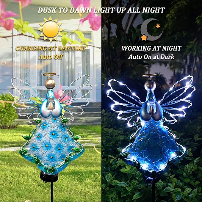 38Inch Angel Solar Lights Outdoor Decorative-Metal&Glass Angel Blue Hydrangea - Image 2