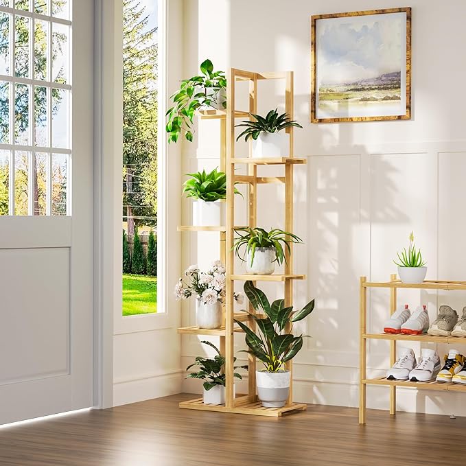 6 Tier Bamboo Plant Stand Indoor, Wood Tall Flower Holder Corner Tiered Plant - Image 2