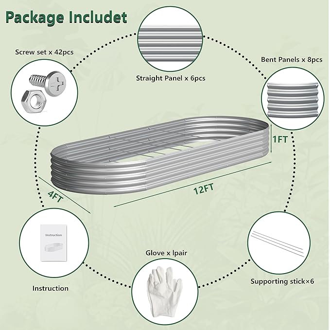 2PCS 12x4x1FT Galvanized Raised Garden Bed Kit, Vegetable Boxes-Oval Metal - Image 5
