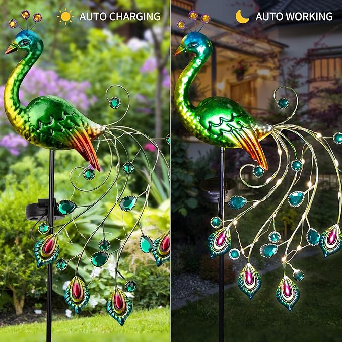 Glintoper Solar Garden Lights, 39 Inch Height Outdoor Metal Peacock Decorative - Image 3