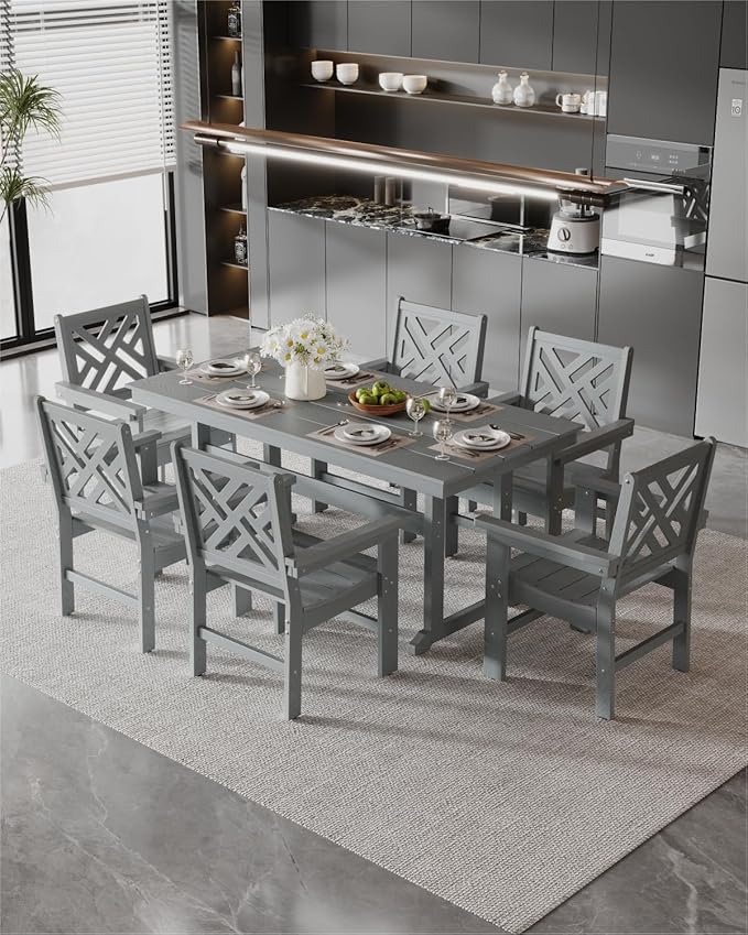 7-Piece Outdoor Dining Set, HDPE All-Weather Patio Table and Chairs Set - Image 8