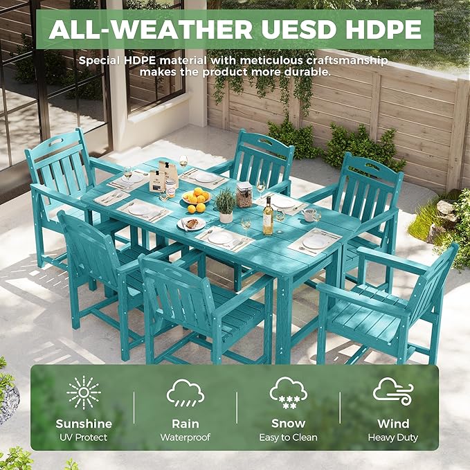 HDPE Outdoor Dining Set, Patio Table and Chairs Set, All-Weather 7-Piece - Image 3