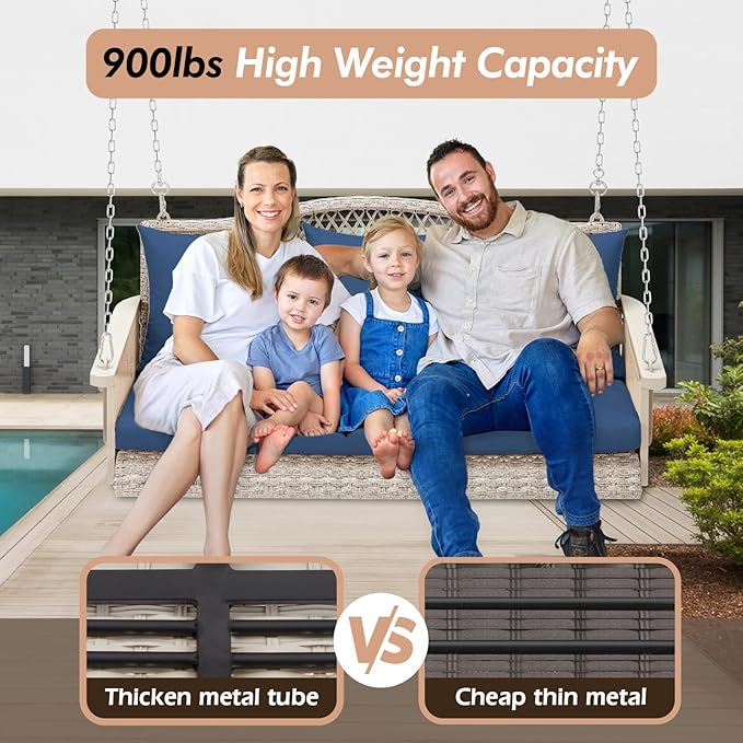 Upgraded Wicker Hanging Porch Swing Heavy Duty 900 LBS 3-Seat Outdoor Patio - Image 3
