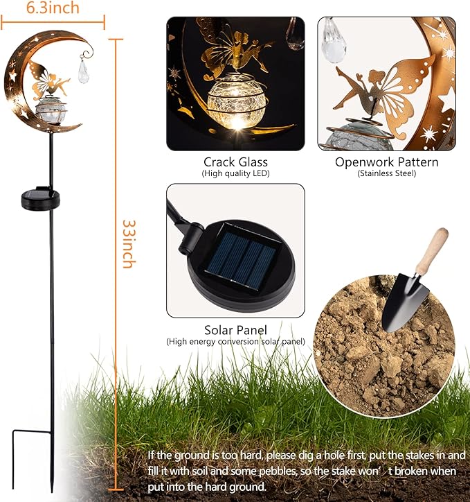 LICKLIP Moon & Fairy Garden Solar Stake Light Outdoor, Crackle Glass Globe - Image 5