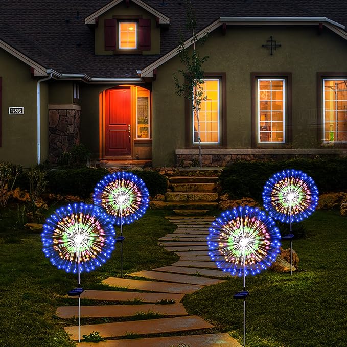 Solar Garden Firework Lights Outdoor Waterproof 4 Pack Solar Powered Art Stake - Image 6