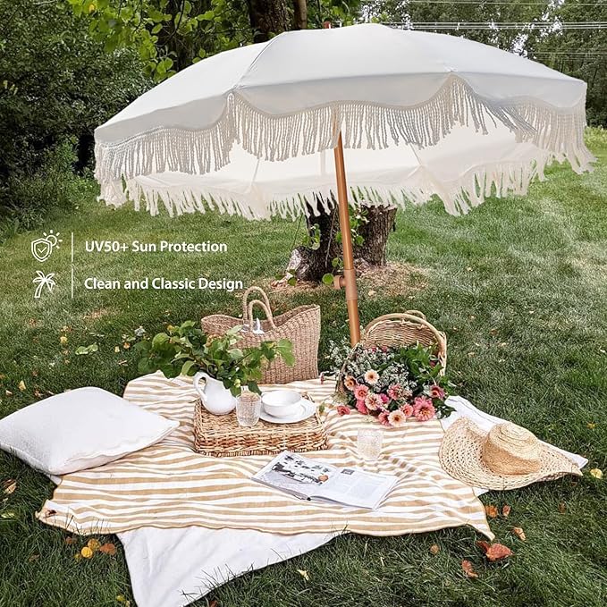 AMMSUN Boho Fringe Umbrella Outdoor Patio, 6.5ft UPF50+ Picnic Umbrella - Image 4