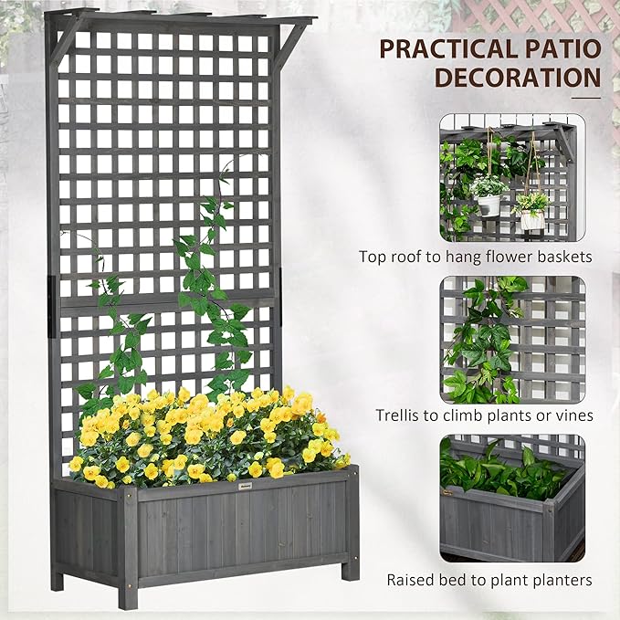 Outsunny Wood Planter with Trellis, Raised Garden Bed - Image 3