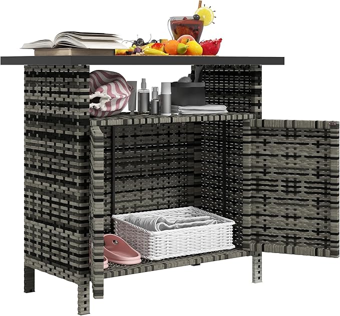 Outsunny Wicker Outdoor Storage Cabinet, Rattan Outdoor Bar Table by Outsunny