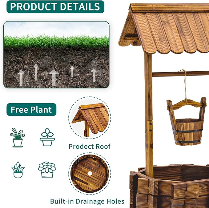 UDPATIO Rustic Solid Fir Wood Wishing Well Planter - Image 3