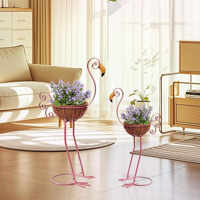 Metal Flamingo Planter with Basket -Garden Bird Planters - Image 4