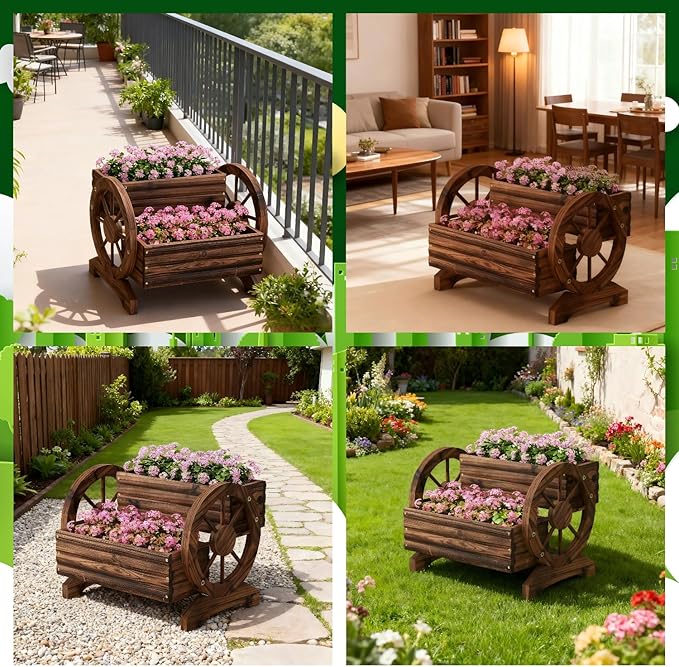 Wooden Wagon Planter Wooden Flower Cart - Image 4