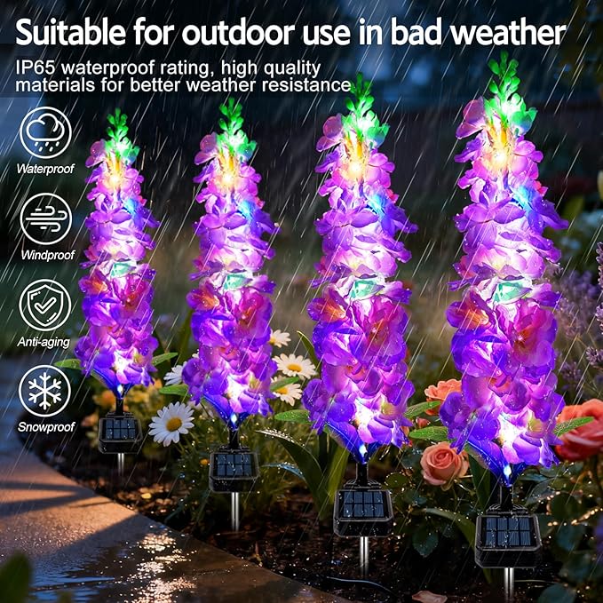 Solar Garden Lights, Solar Purple Delphinium Flowers Lights 4 Pack 80 LEDs - Image 5