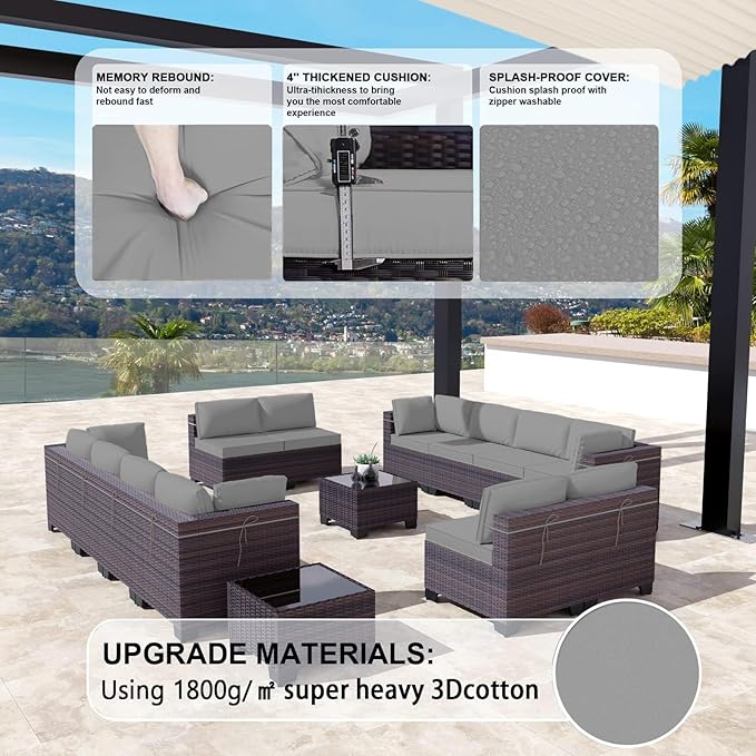 Kullavik 14 Pieces Outdoor Patio Furniture Set PE Wicker Rattan Sectional Sofa - Image 4