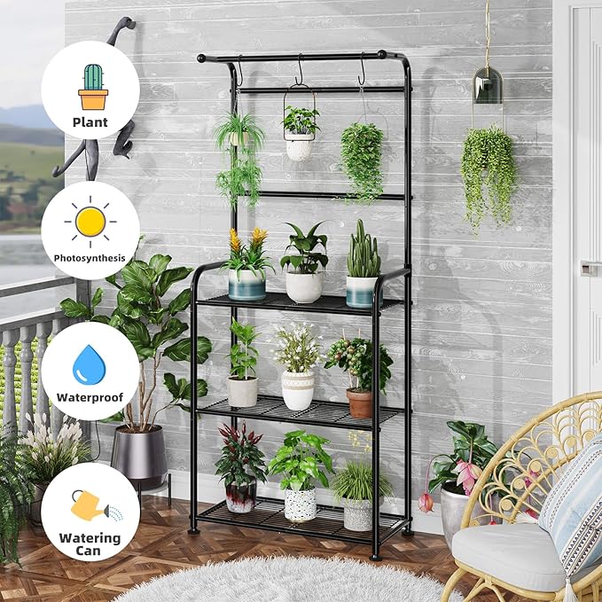 Plant Stands Outdoor with Hooks, Metal Tall Plant Shelves Indoor - Image 4