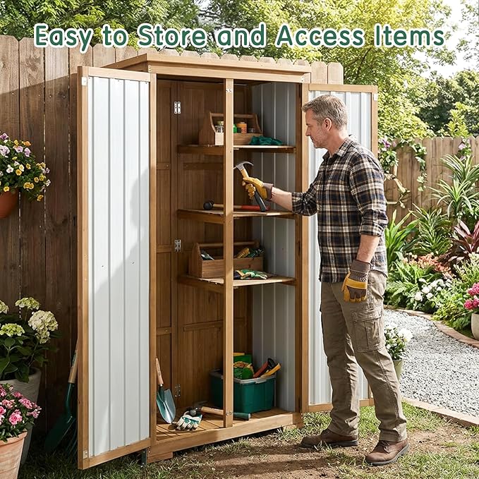 Outdoor Storage Cabinet with Shelf, Wood & Metal Storage Shed with Waterproof - Image 3