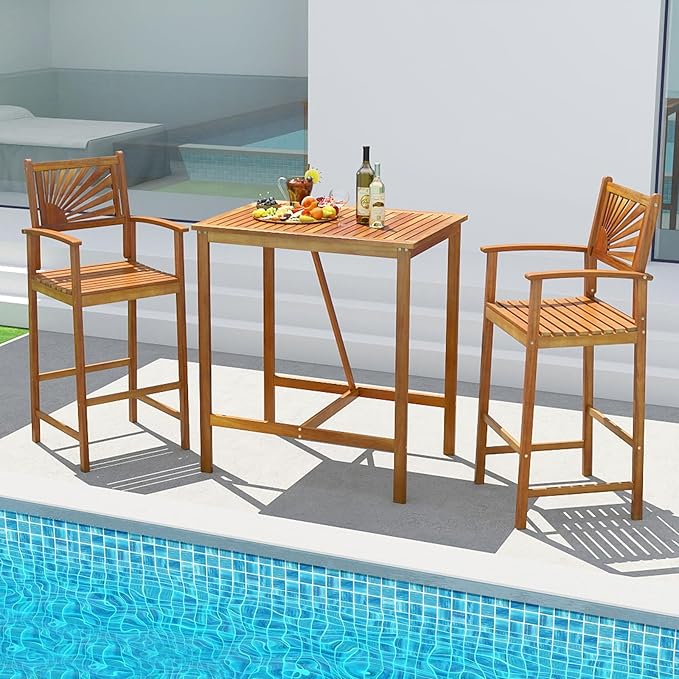 Tangkula 3 Piece Patio Bar Table & Chairs, Outdoor Acacia Wood Bar Set - Image 2
