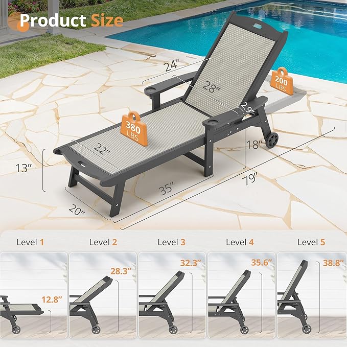 LUE BONA Chaise Lounge Chair Outdoor Set of 4, HDPS and HDPE Wicker Material - Image 2