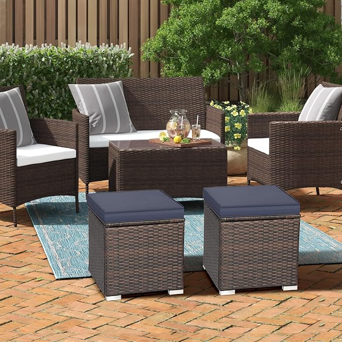 RELAX4LIFE Wicker Outdoor Storage Ottoman, 2-Piece Rattan Footstool w/Removable - Image 8