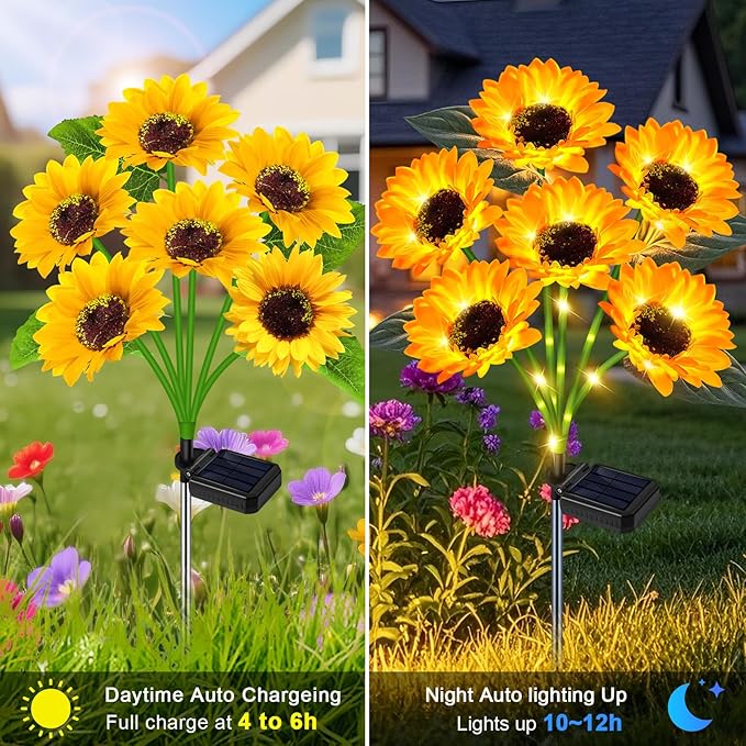 Solar Sunflower Lights Outdoor Flower Garden Stake Lights, 4 Pack 24 Sunflower - Image 6