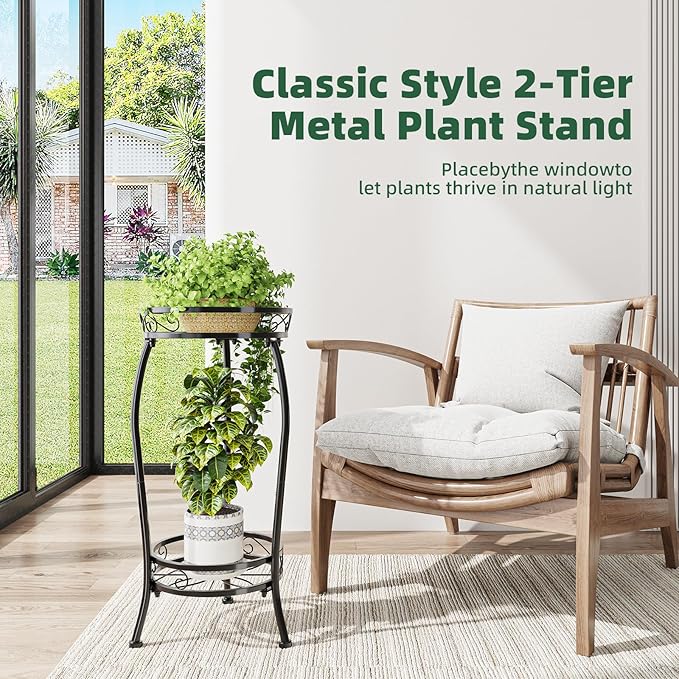 Simple Trending Plant Stand Indoor Outdoor, Tall Round Plant Shelf, 2 Tiers - Image 2