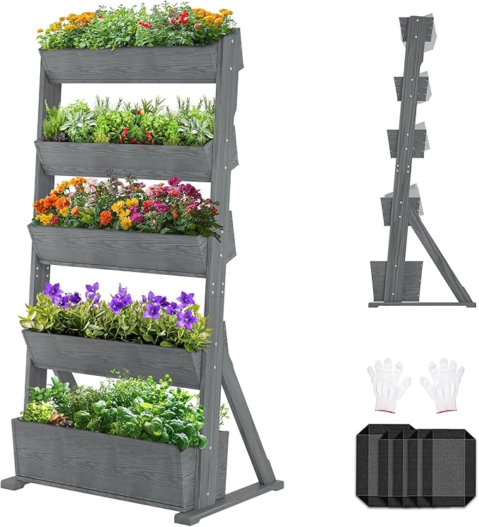 SUNYRISY 5 Tiers Vertical Raised Garden Bed Outdoor Planter Tower, Wooden by SUNYRISY