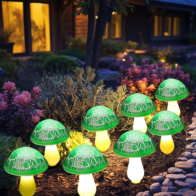 Solar Mushroom Lights Garden Decor 8 Green Crack Mushrooms Outdoor Decor Stake - Image 2
