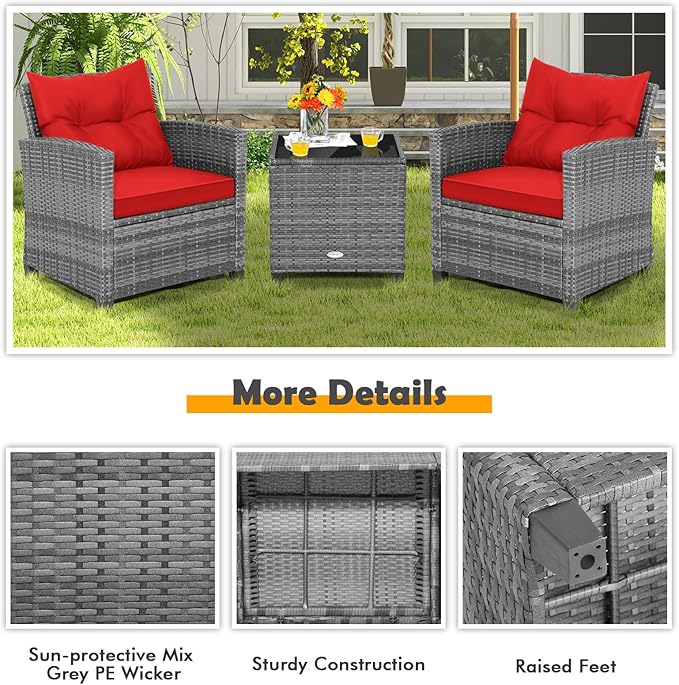 Tangkula 3 Pieces Patio Furniture Set, Outdoor PE Rattan Conversation Chair Set - Image 8