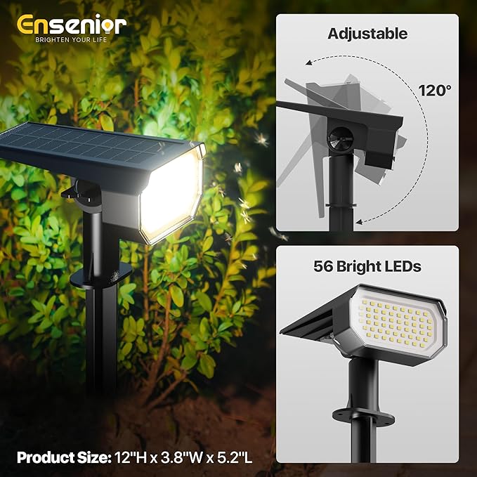 Ensenior Solar Spotlights Outdoor, 56 LEDs Brightness Adjustable 3000K LED - Image 5