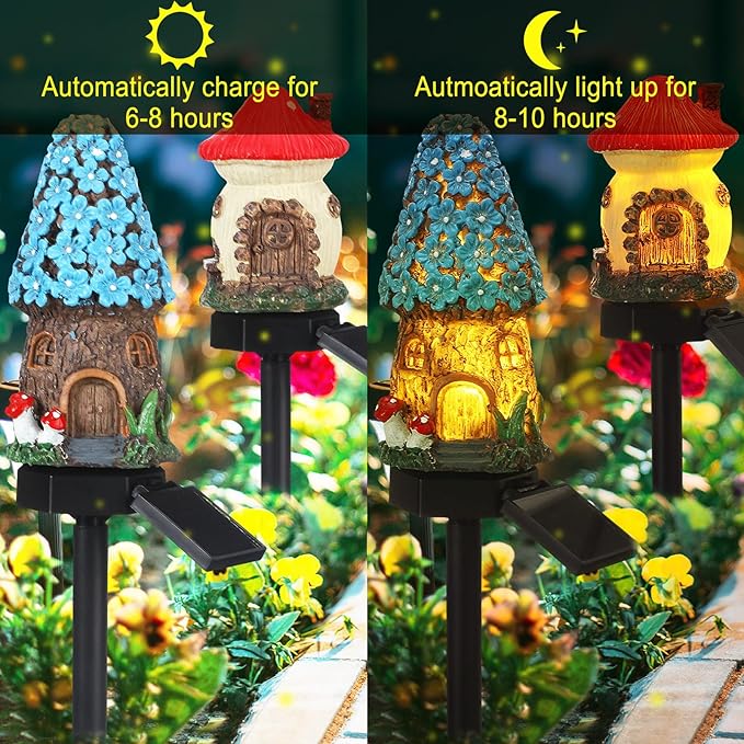 2 Pack Fairy Outdoor Garden Fairy House Mushroom Solar Light Home Statue LED - Image 4