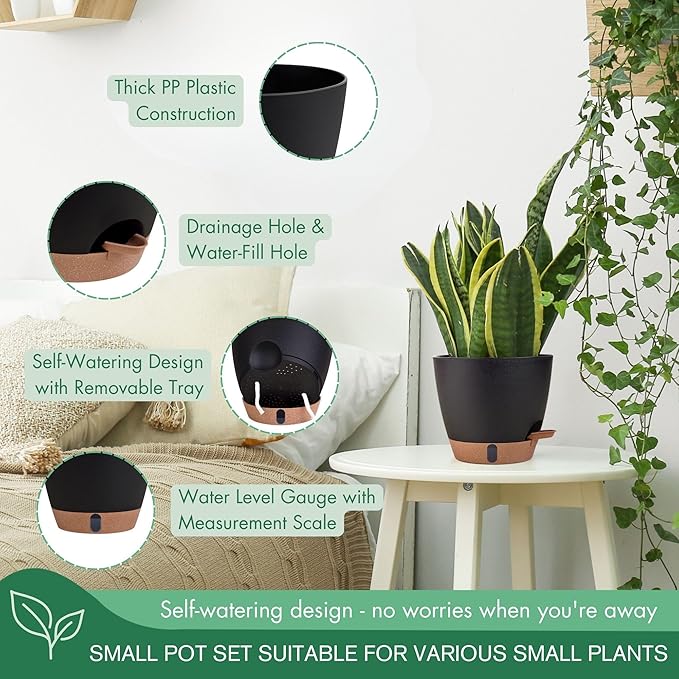 montresor 5-Pack Self-Watering Plastic Plant Pots 5/5.5/6/6.5/7 Inch– Black - Image 3