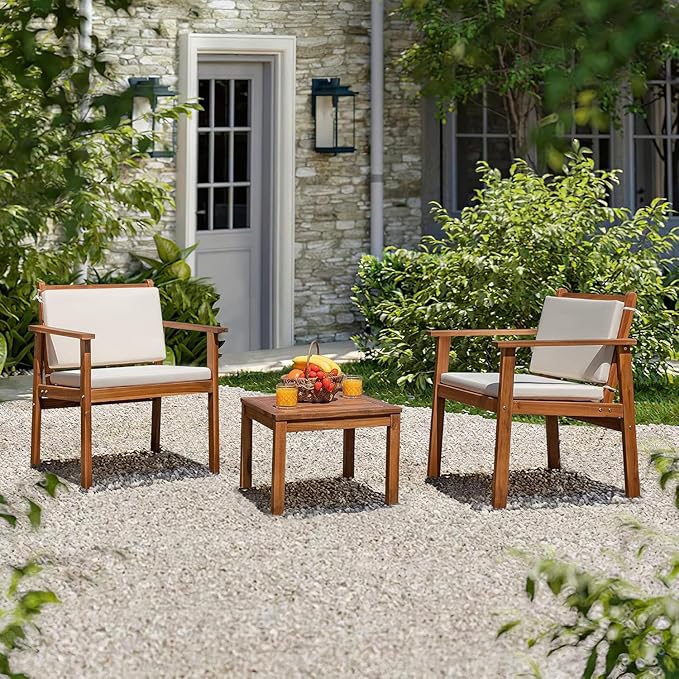 Devoko Patio Set 3 Piece Acacia Wood Outdoor Furniture Conversation Seat - Image 6