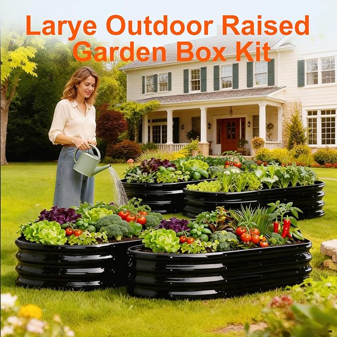 Raised Garden Bed Outdoor 2 Sets Oval Large Coating Metal Planter Box - Image 2