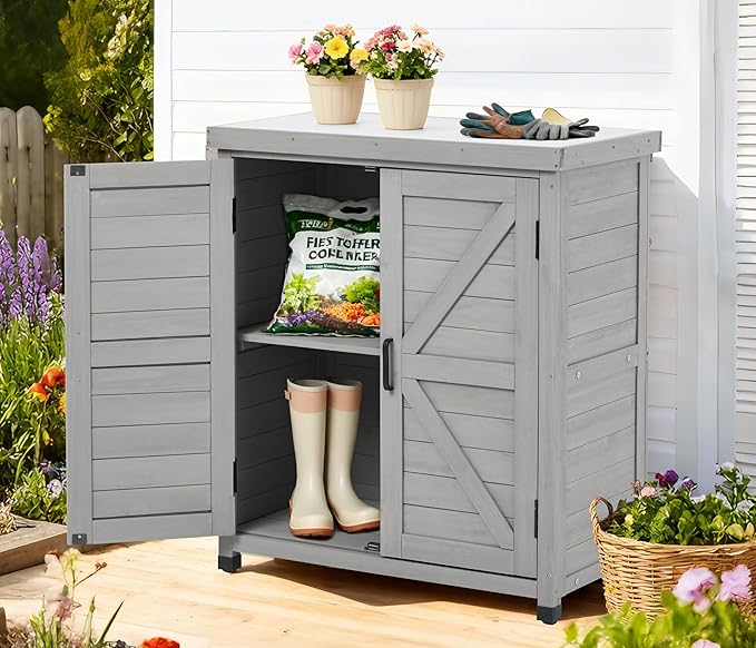 Outdoor Potting Bench with Storage Cabinet and Metal Top, Wood Workstation - Image 9