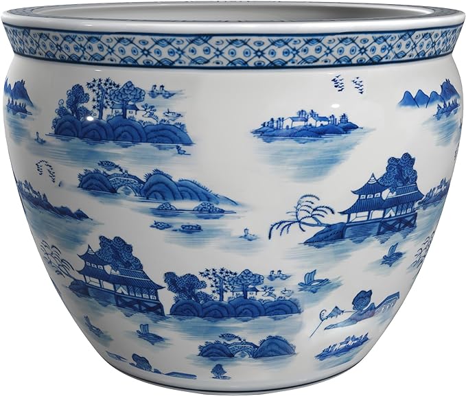 Red Lantern 14" Landscape Blue & White Porcelain Fishbowl Planter or Cachepot by RedLantern
