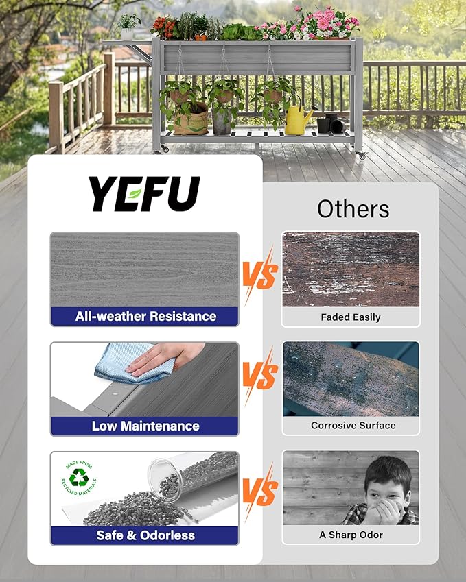 YEFU Raised Garden Bed with Legs: 57x18x30in Elevated Poly Planter with Wheels - Image 3