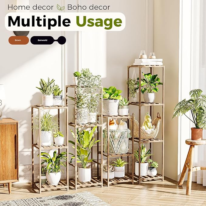 Bamworld 4 Sets Tall Plant Stands Indoor Outdoor Combo Plant Shelves Wooden - Image 4