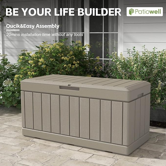Patiowell 82 Gallon Resin Deck Box, Waterproof Large Wood Look Storage Box - Image 7